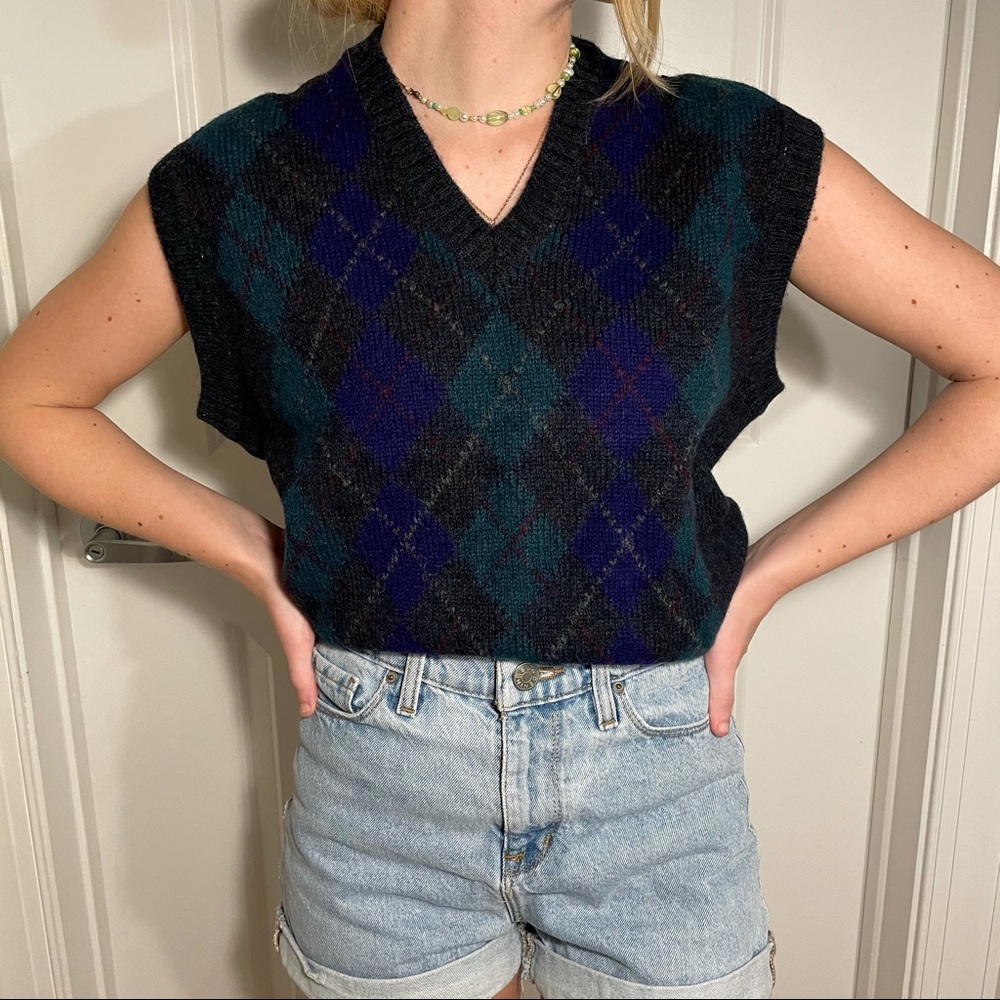 Alan Craig Vintage Men's Gray Green Purple Argyle New Wool Vest Sweater Size M